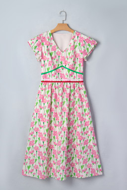 Pink Floral Print Contrast Trim V Neck Short Sleeve Elegant Midi Dress