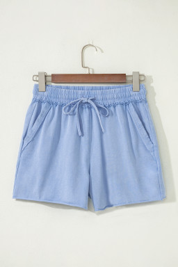 Sky Blue Mineral Washed Drawstring Elastic Waist Raw Cut Shorts