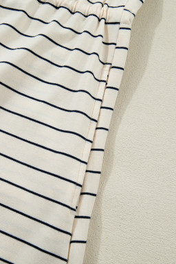 Beige Stripe Drawstring Tunic Tank Mini Dress with Pockets