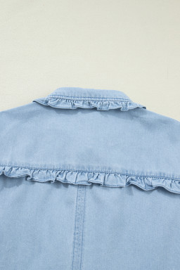 Beau Blue Ruffled Edge Collared Shift Denim Dress with Pockets