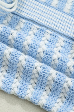 Sky Blue Stripe Short Sleeve Knit V Neck Bow Knot Sweater