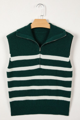 Blackish Green Ribbed Half Zip Collared Sweater Vest
