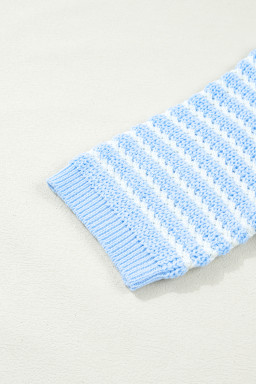 Sky Blue Stripe Short Sleeve Knit V Neck Bow Knot Sweater
