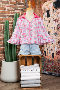 Purple Floral Collared Ruffled Half Sleeve Shirt