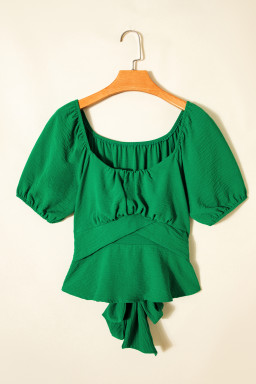 Dark Green Solid Color Ruched Crossed Waist Tied Back Short Sleeve Peplum Top