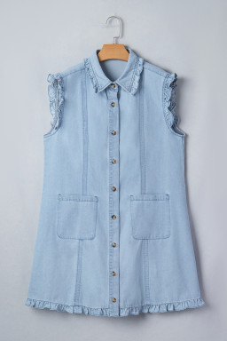 Beau Blue Ruffled Edge Collared Shift Denim Dress with Pockets
