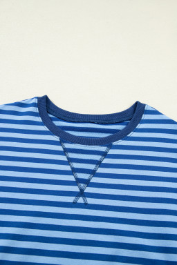 Blue Stripe Drop Shoulder Long Sleeve Pullover Elastic Waist Casual Short Set