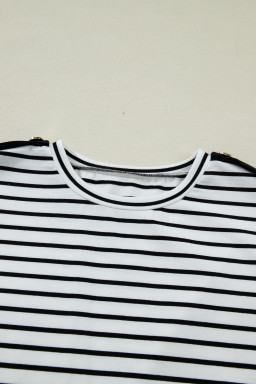 Black Stripe Cuffed Sleeve Button Detail Loose Tee