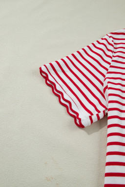 Red Stripe Plus Size Scalloped Trim Round Neck Short Sleeve Top