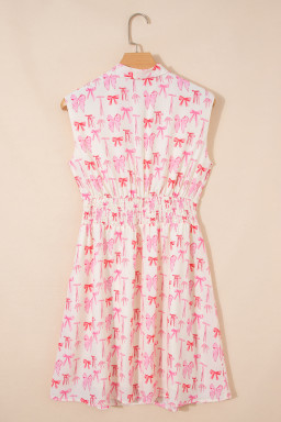 Pink Full Zip Cinched Waist Sleeveless Bow Mini Dress