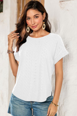 White Solid Color Eyelet Jacquard Cuffed Short Sleeve Top