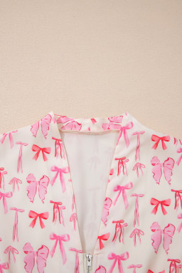 Pink Full Zip Cinched Waist Sleeveless Bow Mini Dress