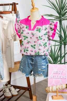 Pink Striped Strawberry Printed Color Block Patchwork V Neck Flutter Sleeve Blouse