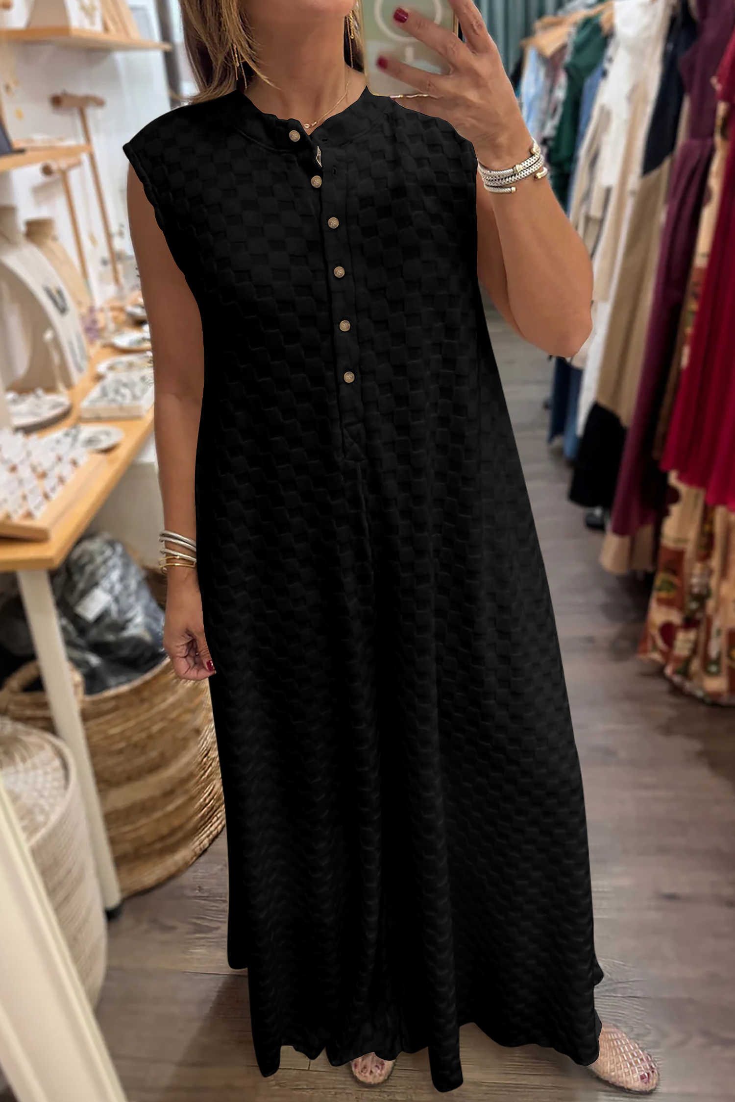 Black Half Buttons Sleeveless Wide Leg Textured Jumpsuit