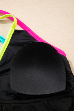 Black Floral Textured Neon Trim V Neck Crisscross Backless Tankini Set