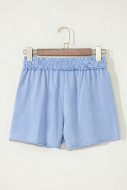 Sky Blue Mineral Washed Drawstring Elastic Waist Raw Cut Shorts