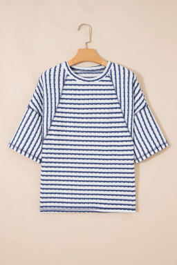 Blue Stripe Textured Knit Split Hem Half Sleeve Loose Top