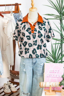 Casual Unique Leopard Print Button Contrast Collared Short Sleeve Blouse