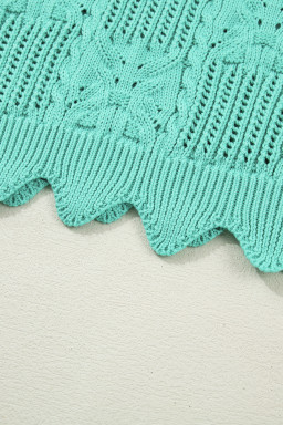 Mint Green Pointelle Knit Patterned Scalloped Trim Short Sleeve Sweater