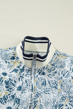 Blue Floral Print Striped Webbing Patchwork Collar Short Sleeve Mini Dress