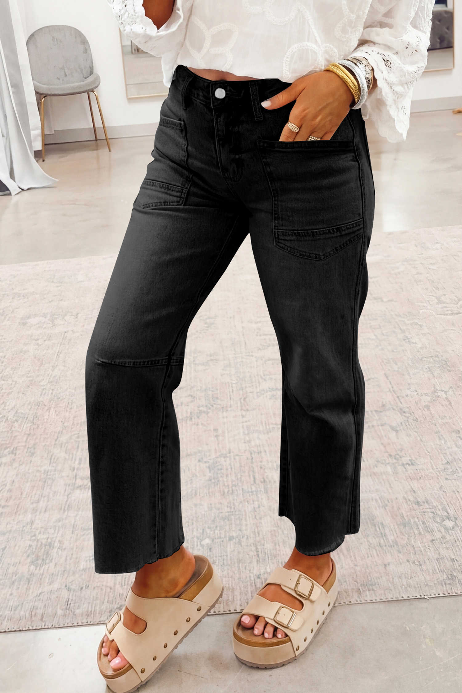 Black Frayed Cropped Straight Jeans