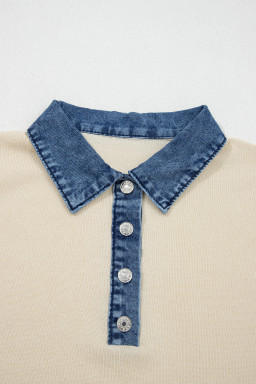 Jet Stream Short Sleeve Knit Denim Patchwork Polo Collar Sweater