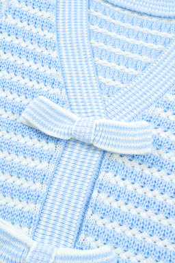Sky Blue Stripe Short Sleeve Knit V Neck Bow Knot Sweater