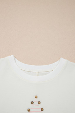 Beige Star Print Stud Detail Cotton Jersey Top