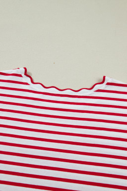 Red Stripe Plus Size Scalloped Trim Round Neck Short Sleeve Top