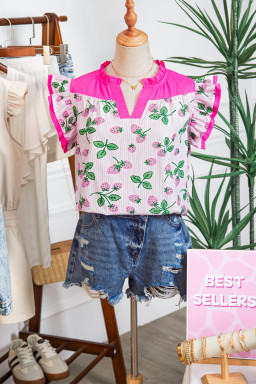 Pink Striped Strawberry Printed Color Block Patchwork V Neck Flutter Sleeve Blouse