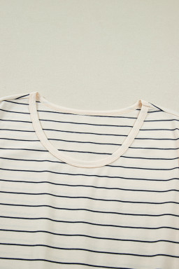 Beige Stripe Drawstring Tunic Tank Mini Dress with Pockets