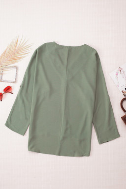 Green V Neck 3/4 Sleeve High Low Hem Shirt