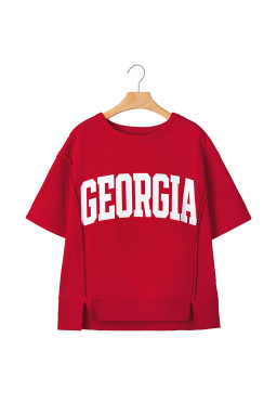 Racing Red GEORGIE Letter Printed Raw Seam Drop Shoulder Loose Tee