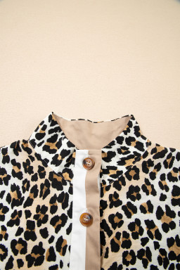 Multicolour Half Buttons Short Sleeve Loose Leopard Mini Dress with Pockets