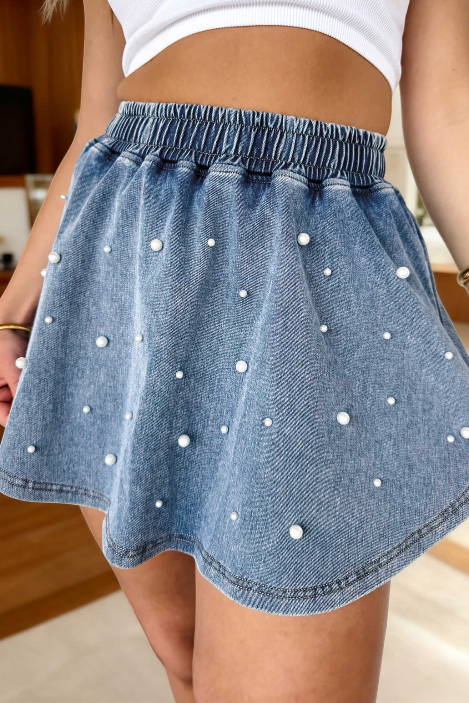 Ashleigh Blue Denim Pearl Embellished Elastic Waist Mini Skort