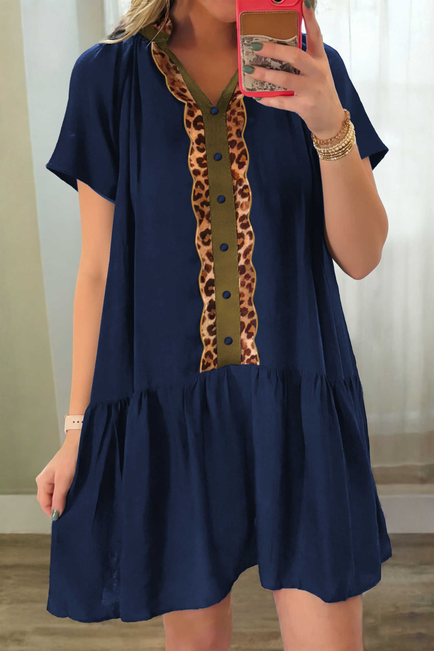 Navy Blue Button Detail Leopard Metallic Trim Short Sleeve Tunic Dress