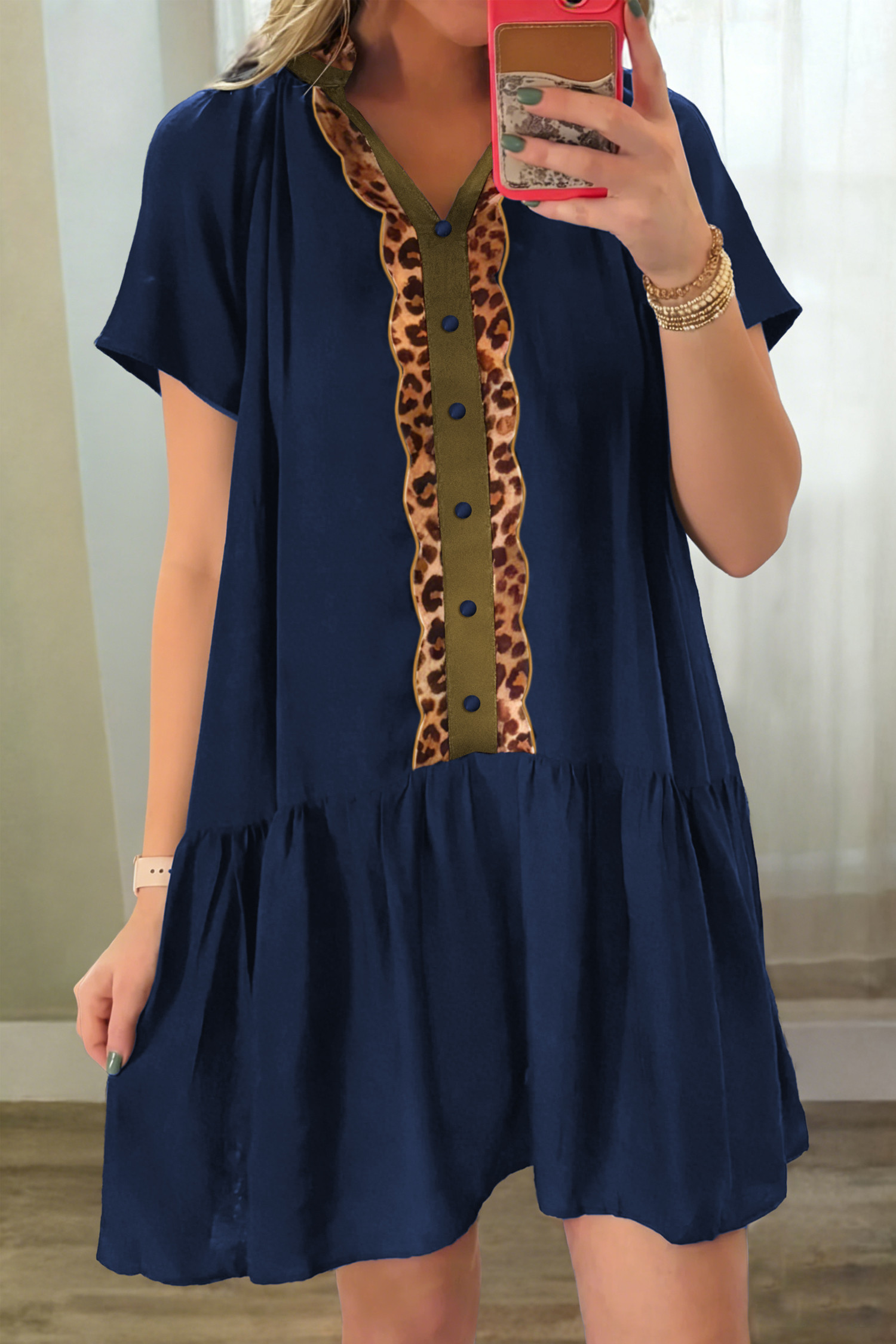 Navy Blue Button Detail Leopard Metallic Trim Short Sleeve Tunic Dress