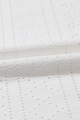 White Solid Color Eyelet Jacquard Cuffed Short Sleeve Top