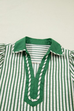 Green Stripe Collared Split Neck Short Bubble Sleeve Blouse