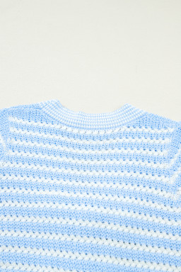 Sky Blue Stripe Short Sleeve Knit V Neck Bow Knot Sweater