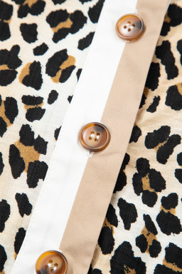 Multicolour Half Buttons Short Sleeve Loose Leopard Mini Dress with Pockets