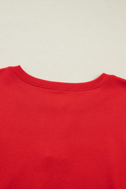 Fiery Red Plus Size Solid Color Notched Neck Seam Detail Patchwork Short Sleeve Top