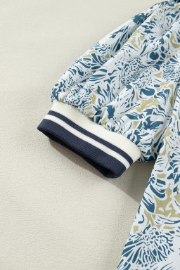 Blue Floral Print Striped Webbing Patchwork Collar Short Sleeve Mini Dress