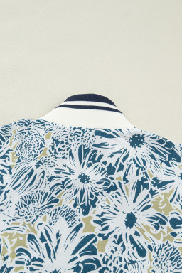 Blue Floral Print Striped Webbing Patchwork Collar Short Sleeve Mini Dress