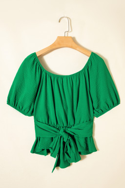 Dark Green Solid Color Ruched Crossed Waist Tied Back Short Sleeve Peplum Top