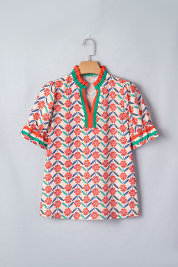 Red Floral Print Striped Detail V Neck Ruffled Short Sleeve Blouse