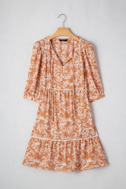 Yellow Floral Print Contrast Trim Button Tie Neck Swing Dress