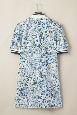Blue Floral Print Striped Webbing Patchwork Collar Short Sleeve Mini Dress