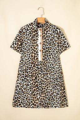 Multicolour Half Buttons Short Sleeve Loose Leopard Mini Dress with Pockets