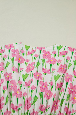 Pink Floral Print Contrast Trim V Neck Short Sleeve Elegant Midi Dress